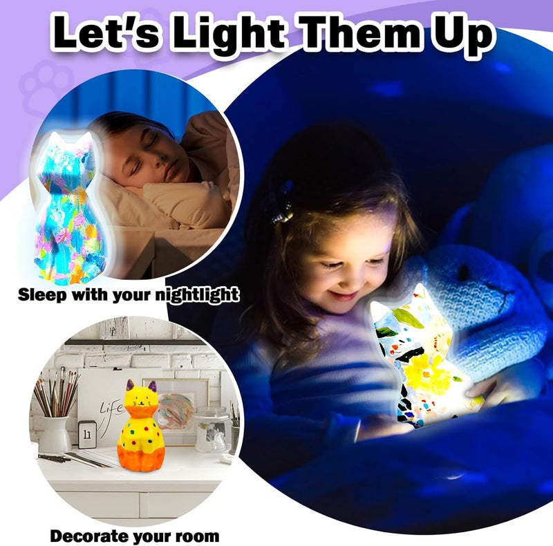 FUNZBO 2pcs Paint Your Own Cat Lamp - Arts and Crafts Supplies Kitten Painting Kits for Kids Teens, DIY Night Light Toy for Toddlers Girls Boys Ages 3 4 5 6 7 8 9 10 11 12 13 Christmas Birthday Gifts - Image 4